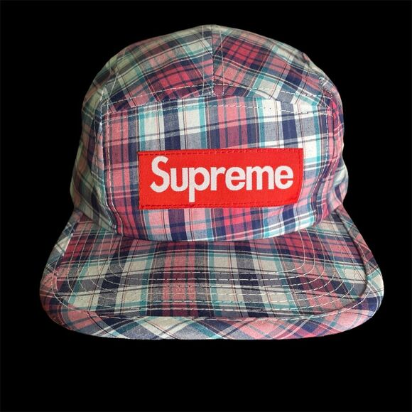 Rear Supreme Snap Button Pocket Camp Flat Bill Cap Pink/Teal/Blue Plaid  New W/T - Picture 1 of 7